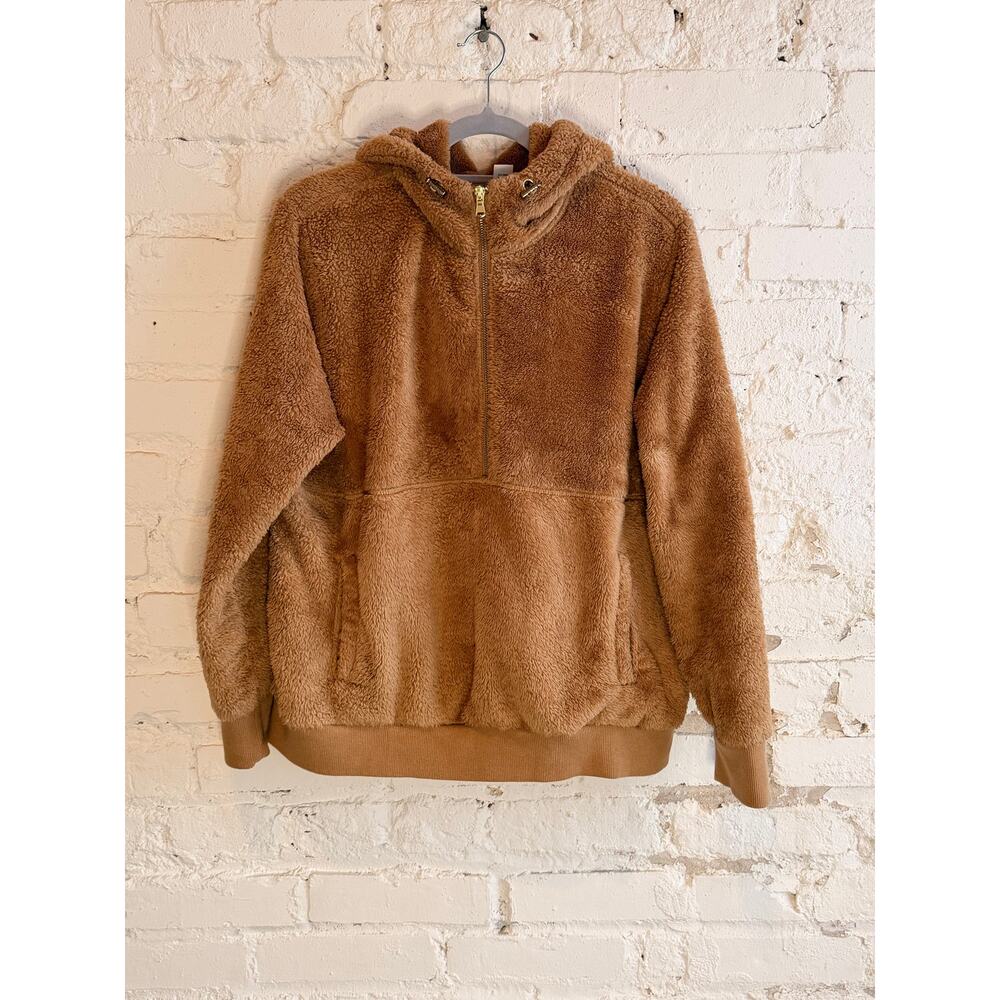 Old Navy Women’s L Brown Sherpa Hoodie Faux Fur Fleece Jacket Warm Quarter Zip
